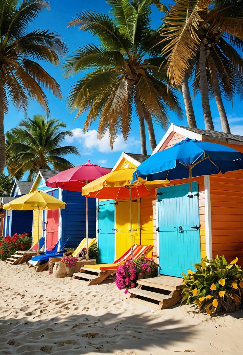 A vibrant summer scene showcasing an array of stylish bikinis hanging on a colorful beach hut, surrounded by tropical palm trees and radiant flowers. In the background, sun-kissed beachgoers enjoy the sun and vibrant ocean waves, reflecting the essence of summer vibes. The sky is clear blue with fluffy white clouds, and there are pops of color from beach umbrellas and beach balls. Capture the essence of summer fashion and seasonal change. vibrant colors. super-realistic.